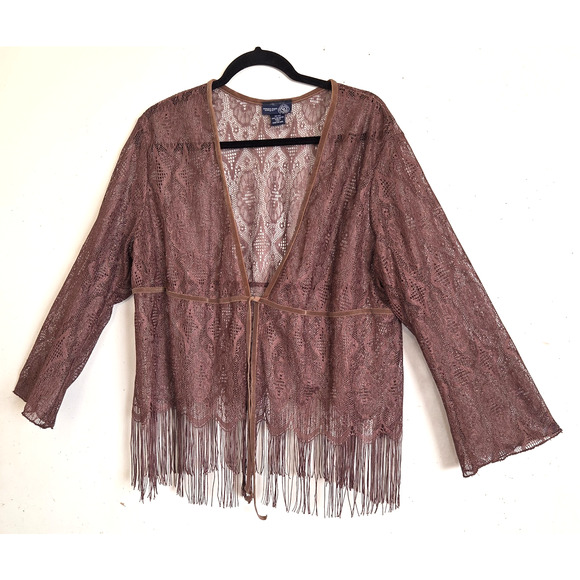 Vintage Lace Cardigan Kimono Top Sz 18/20 Medium Brown Fringe Boho Hippie USA - Picture 2 of 16